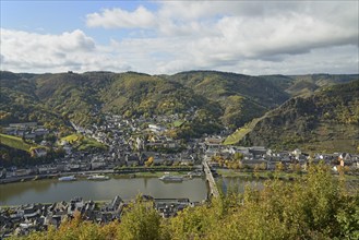 View of Cochem on the Moselle in autumn, blue cloudy sky, Rhineland-Palatinate, Germany, Europe