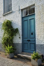 Brugge door with a plant and window of an old Eurupean house. Bruges, Belgium, Europe