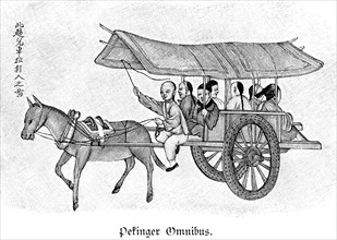 Omnibus in Peking, Beijing, single-axle horse-drawn carriage, whip, roof, persons, people, China,