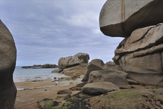 Rock formations along the Côte de granit rose, Pink Granite Coast at Trégastel, Brittany, France,