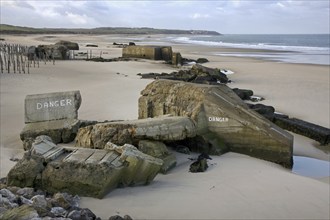 World War II concrete blockhouses on beach at Wissant, Nord-Pas de Calais, France, Europe