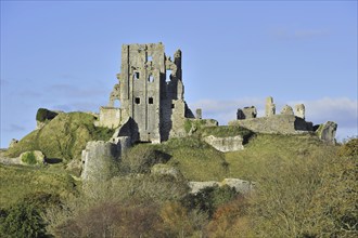 Ruins of the medieval Corfe Castle on the Isle of Purbeck along the Jurassic Coast in Dorset,