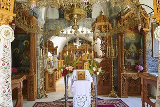 Interior church, altar, chandelier, candlestick, Koudouma, Orthodox monastery, Zemtralkreta, south