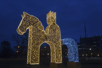 Germany's first emperor Otto the Great on his horse, world of lights, University Square, Magdeburg,