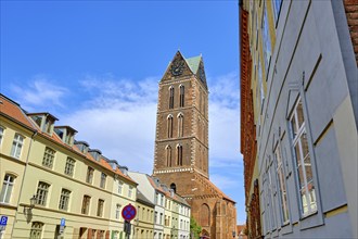 Street alignment and tower of the ruins of St. Mary's Church, Old Town Hanseatic City of Wismar,