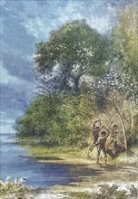 Three men slay an Ai, sloth, 1869, Amazon, Brazil, Historical, digitally restored reproduction of a