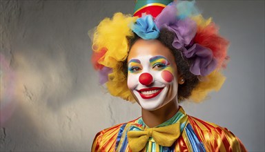 A female clown in mask, red nose and costume, AI generated, AI generated