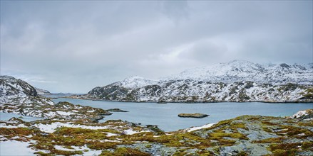 Panorama of norwegian fjord in winter, Lofoten islands, Norway, Europe