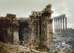 View of two temples, Baalbek, Holy Land, Lebanon, c. 1890, Historic, digitally restored