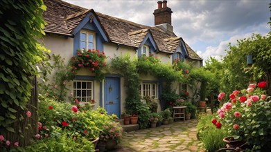 Plain Little tiny house in a floral garden with blooming flowers, AI generated