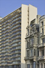 Old apartments and new flats along the North Sea coast at Ostend, Belgium, Europe