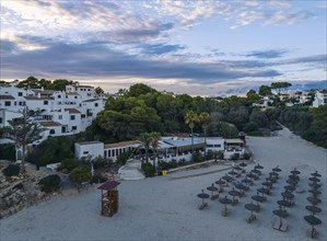 Sunset over Cala Anguila-Cala Mendia from a drone, Porto Cristo, Majorca, Spain, Europe