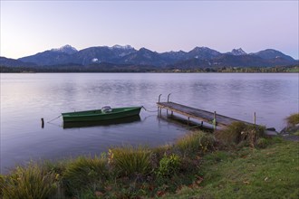 Footbridge at the Hopfensee, fishing boat, Allgäu Alps, Hopfen am See, Ostallgäu, Bavaria, Germany,