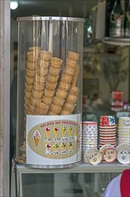 Ice cream cones and cups at an ice cream parlour, Genoa, Italy, Europe