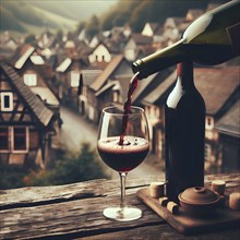 Food and drink background men pour red wine in glass, fresh grapes and wine bottle. AI Generated,