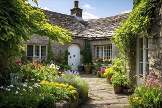 Plain Little tiny house in a floral garden with blooming flowers, AI generated