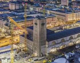 Central station, Stuttgart 21 construction site, Bonatz building and station tower. The new through