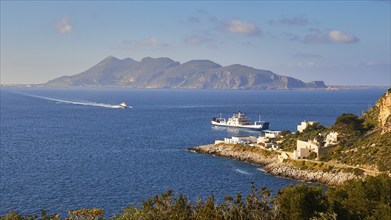 Ship at anchor, hydrofoil, approaching, Levanzo town, Favignana, Levanzo, Egadi Islands, Sicily,