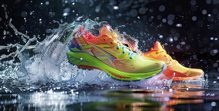 Colorful running shoes in splashes water. Shoes are bright. Water adds sense of energy to scene, AI