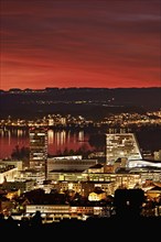 Evening mood with skyline and Lake Zug in the foreground the skyscrapers Parktower and Uptown, Zug,