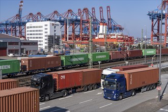 Port of Hamburg, Waltershofer Hafen, container ships, goods train with containers and container