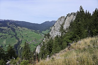 View from Harder Kulm to the Gemmenalphorn and the village, Habkern, Canton Bern, Switzerland,