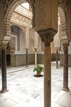 Palace of Pedro First, historic moorish palace interior architecture in the Alcazar, Seville,