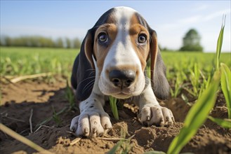 A close-up shot of a playful Basset Hound puppy with floppy ears, exploring the outdoors, AI