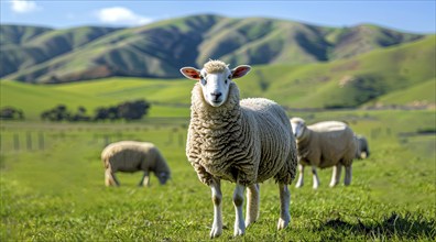 A sheep grazing in a field of green grass with other sheep in herd, AI generated