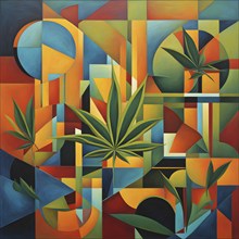 Abstract composition of a cannabis cafe with ambiance bold contrasting colors and playful shapes,