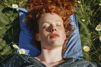 Teenager, young fair-skinned woman with red hair and freckles lying on a spring meadow and basking