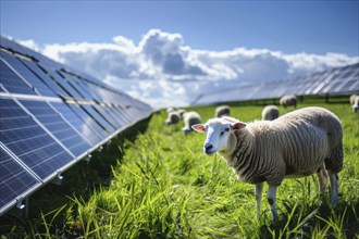 Domestic sheep (Ovis) grazing in a meadow between solar panels, solar park, photovoltaic system, AI