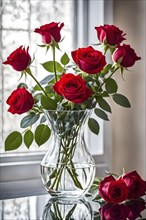 Transparent crystal glass vase with red blooming roses, AI generated