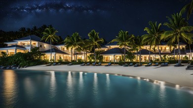 Real estate beach resort at the Caribbean coast at night, AI generated