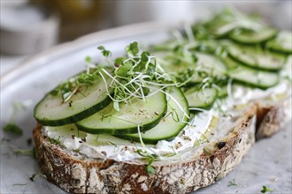 Healthy slice of bread with cucumber and cream cheese. Generative Ai, AI generated