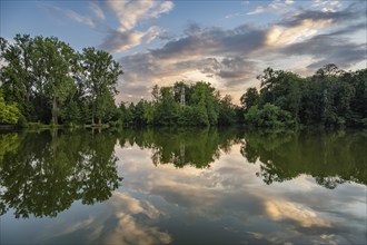 Church ruins on the chapel island reflected in Lake Eglosheim, Ludwigsburg, Baden-Württemberg,