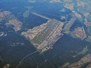 Aerial view from an altitude of 11000 metres eleven kilometres Overview of airport grounds