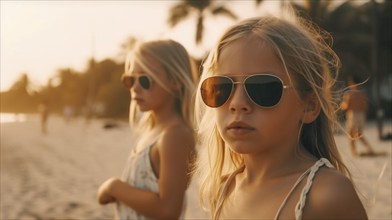 Two young children girlfriends posing wearing sunglasses having fun on the beach, generatvie AI, AI