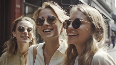 Three girlfriends laughing and walking the streets of europe, generatvie AI, AI generated