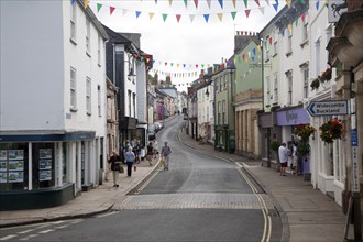 Shops and town hall in East Street, Ashburton, Devon, England, United Kingdom, Europe