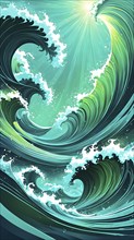 Illustration of swirling ocean waves and recycling symbols to represent clean oceans and