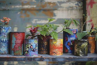 Concept for upcycling old tin cans as flower pots. Generative Ai, AI generated