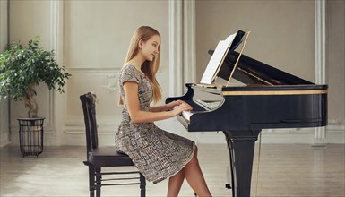 A focussed woman in a patterned dress plays a grand piano in a classically furnished room, AI