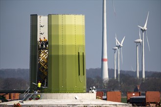 Construction of a wind turbine, Enercon steel pillar, near Kerken, Kleve district, Lower Rhine,