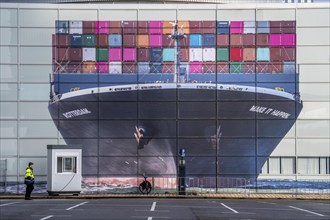 Mural at the pier of the Cruise Terminal Rotterdam, container freighter, car park, Netherlands