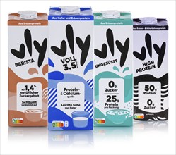 Vly vegan pea milk Milk substitute different flavours coloured against a white background