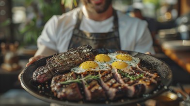 Man holding out A plate filled with steak and eggs. generative AI, AI generated