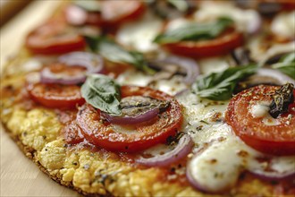 Healthy low carb cauliflower crust pizza with vegetables and cheese. Generative Ai, AI generated