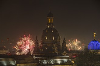 New Year's Eve fireworks over Dresden's Old Town, Dresden, Saxony, Germany, Europe