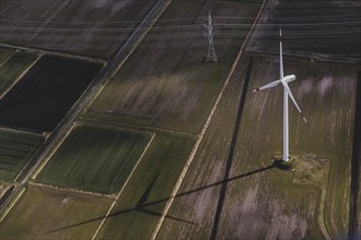 Aerial view of wind turbines, taken near Wischhafen, 25/03/2024